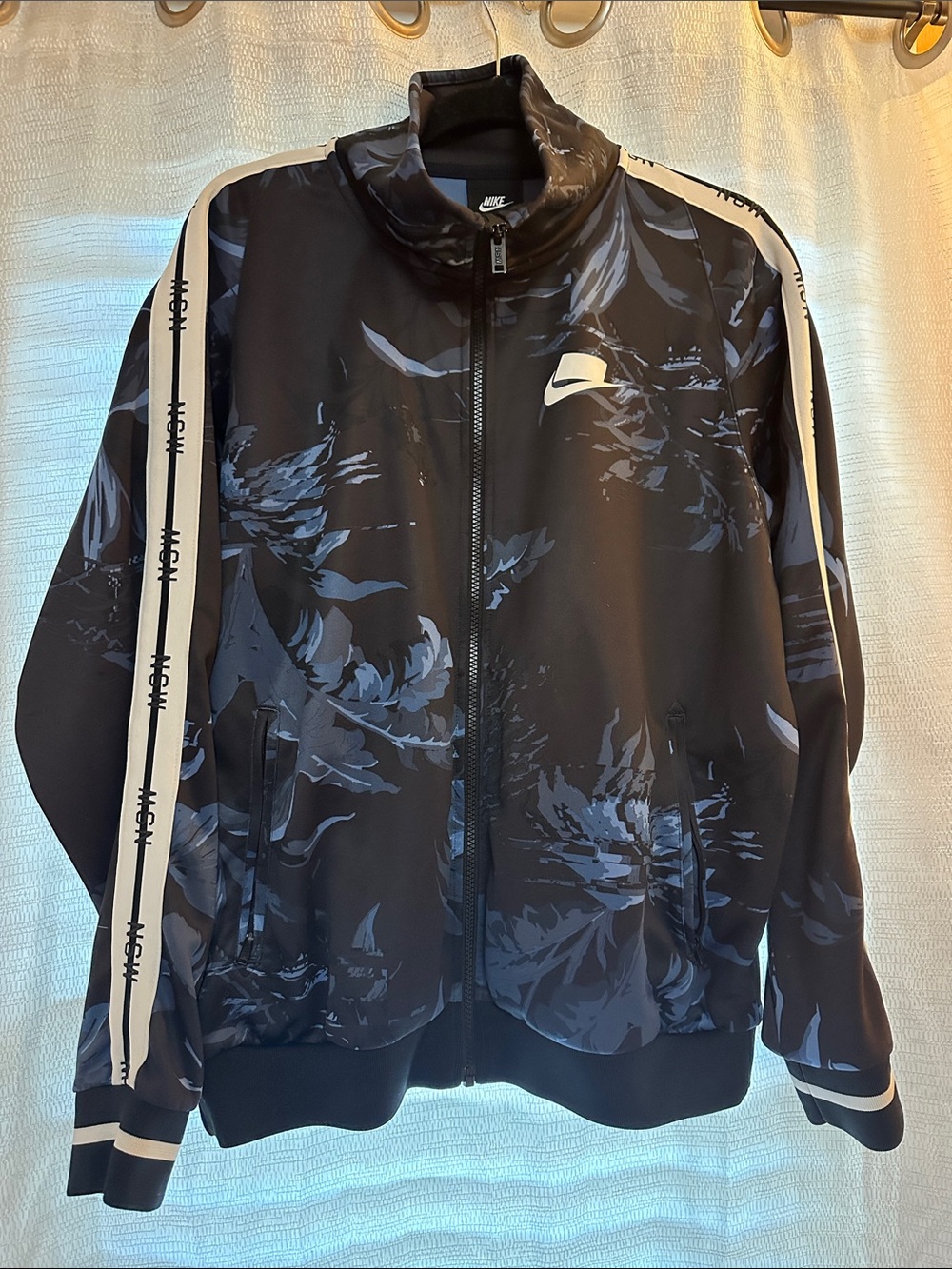 Nike Sportswear Navy Track Jacket with Blue Floral Print and White Stripes